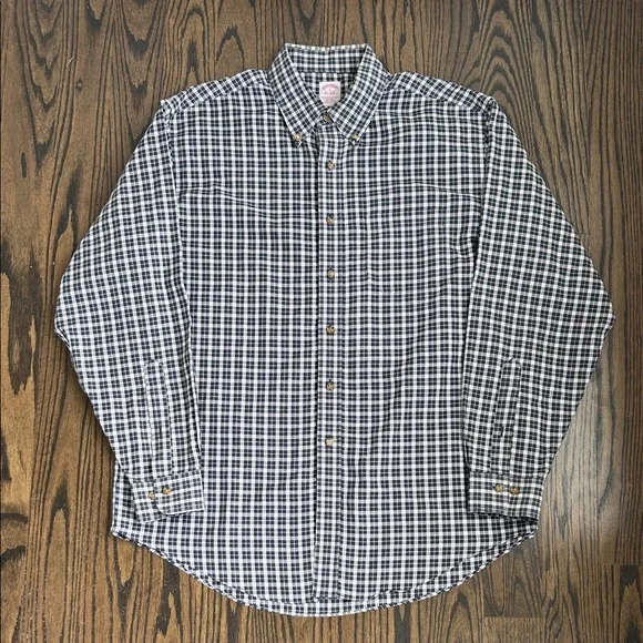 Vintage Brooks Brothers 90s Navy Plaid Button-Down Dress Casual Shirt Men Large - Picture 1 of 10